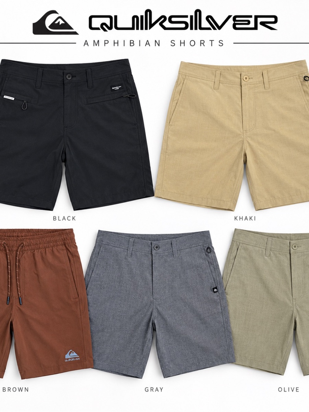 Quiksilver Men Amphibian Flat Front Shorts - Black, Khaki, Brown, Gray, Olive